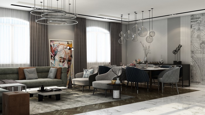 Modern living and dining room with elegant furniture