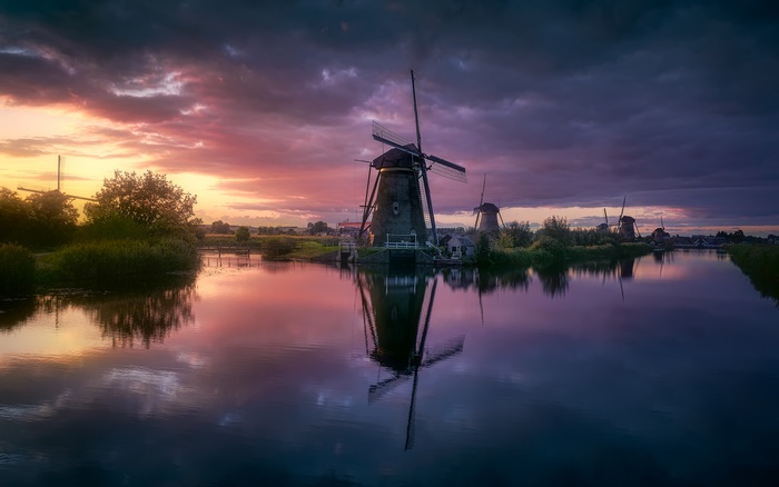Dramatic Sunset Netherlands Windmills Reflection