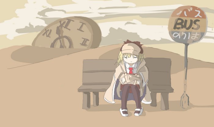 Watson Amelia waiting at surreal desert bus stop