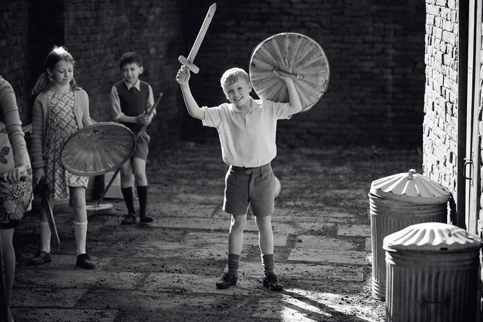 Jude Hill playing with sword and shield in Belfast