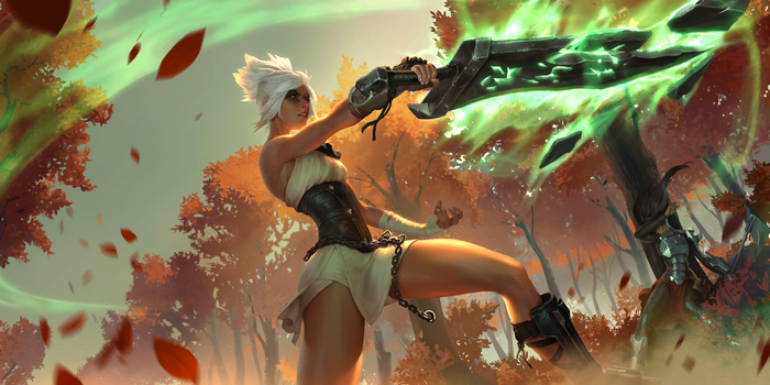 Riven wielding her glowing sword in autumn forest