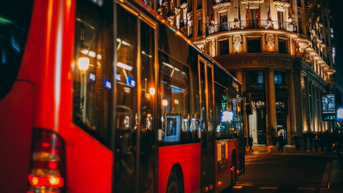 Red Bus at Night in Valencia City
