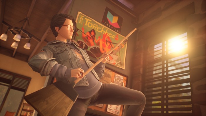 Alex Chen rocking out with broom in Life Is Strange