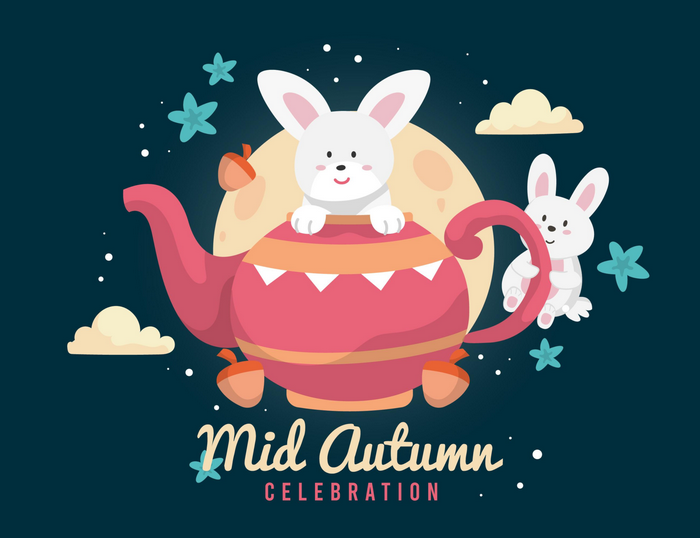Cute rabbits and teapot for Mid-Autumn Festival