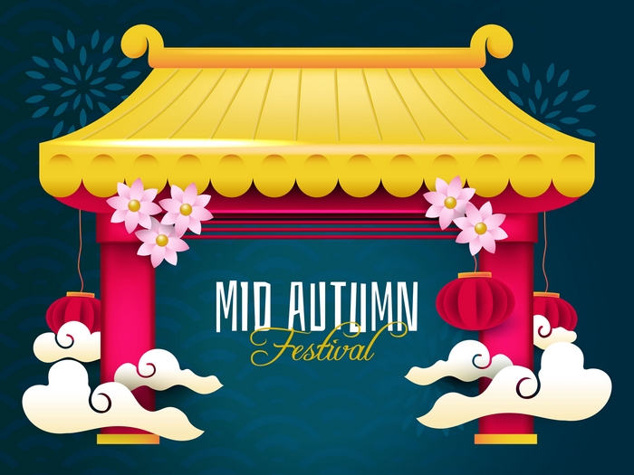 Mid-Autumn Festival Archway with Flowers and Lanterns