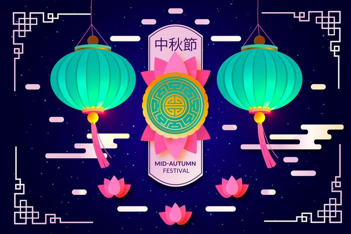 Mid-Autumn Festival with glowing lanterns and mooncake