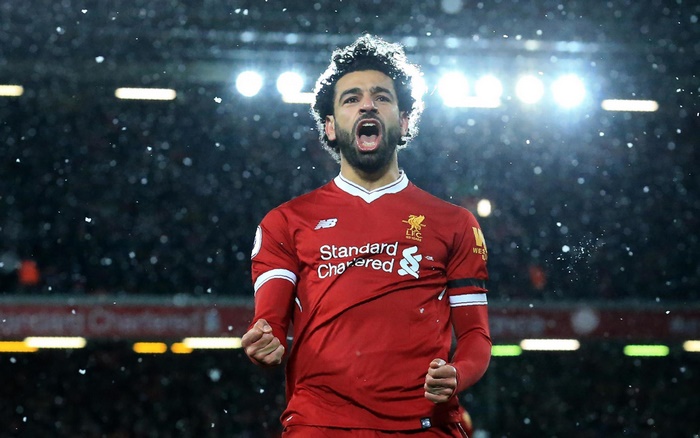 Mohamed Salah celebrates for Liverpool F.C. in the snow