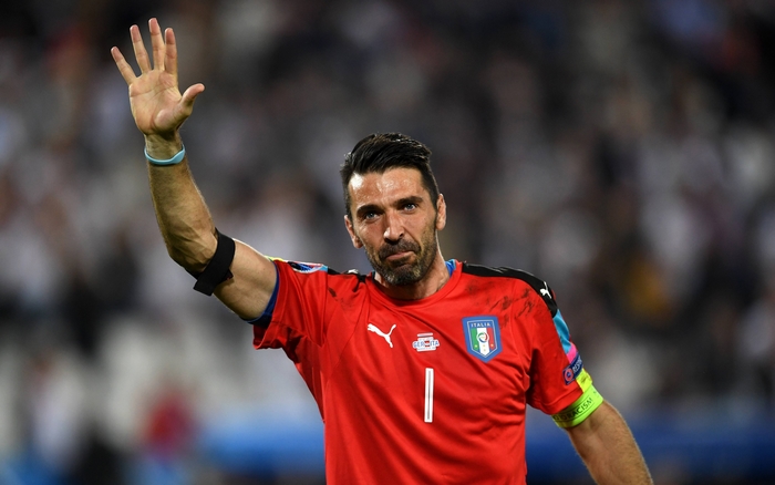 Italy's Gianluigi Buffon waves to fans