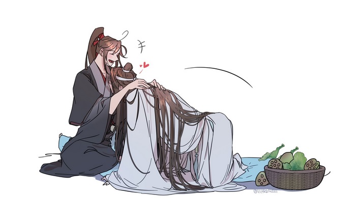 Wei Wuxian braiding Lan Wangji's hair with lotus pods