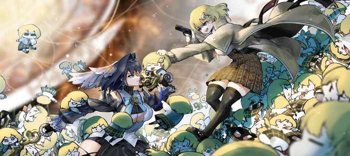 Watson Amelia and Ouro Kronii surrounded by chibi Amelias