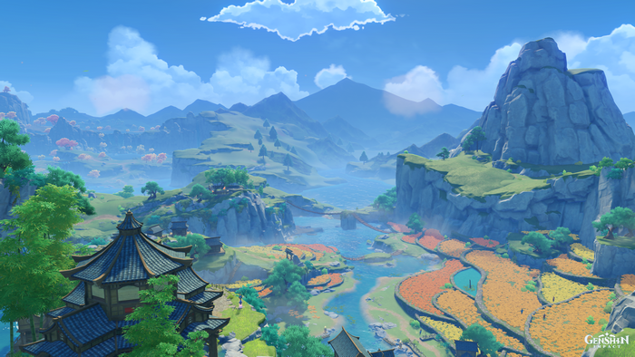 Genshin Impact Liyue: Mountains, River, and Terraced Fields