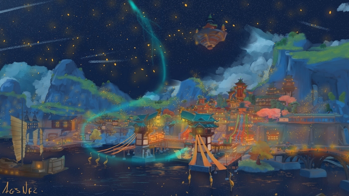 Vibrant Liyue Harbor Nightscape Genshin Impact