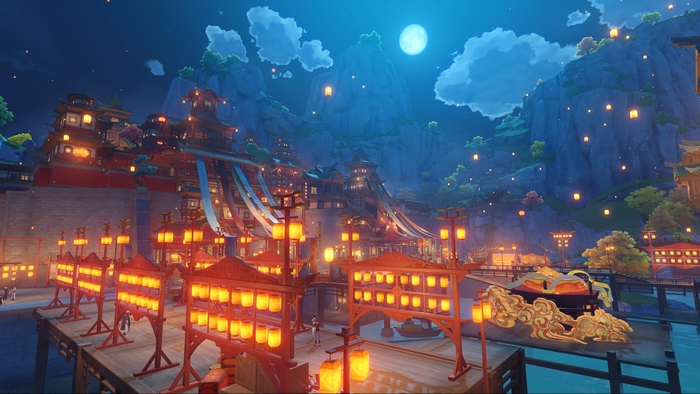 Liyue Harbor night with glowing lanterns, Genshin Impact