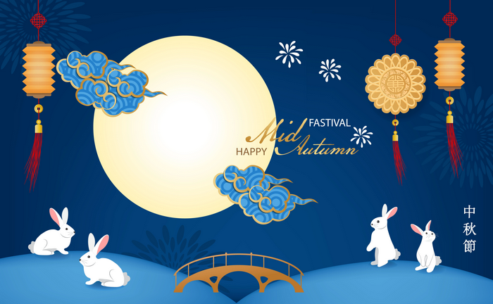 Mid-Autumn Festival with Moon, Rabbits, and Lanterns
