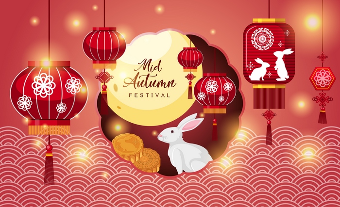 Mid-Autumn Festival Moonlight Art with Lanterns and Rabbit