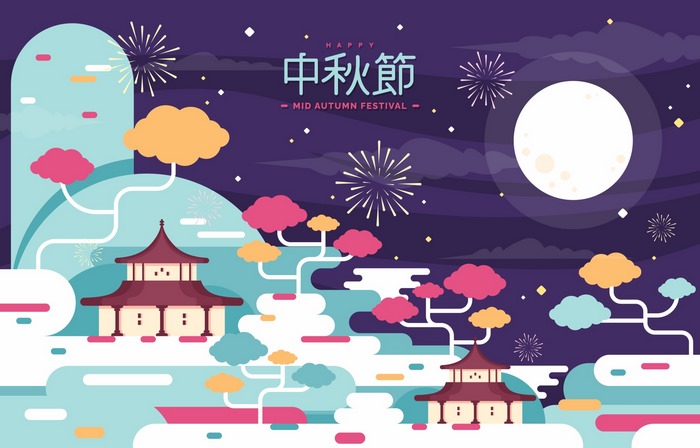 Happy Mid-Autumn Festival with Moon and Fireworks