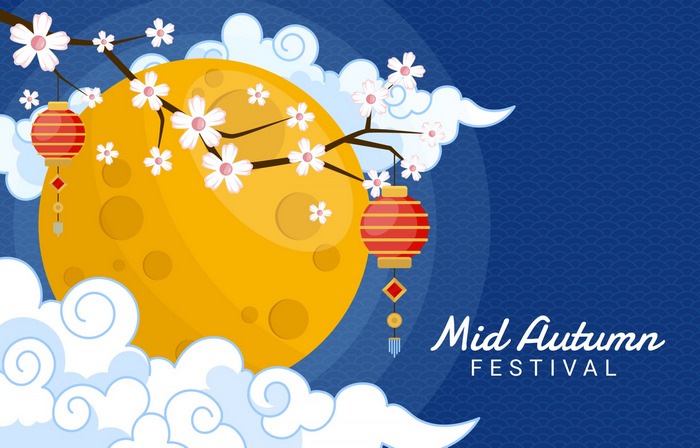 Mid-Autumn Festival Moon, Lanterns, and Flowers
