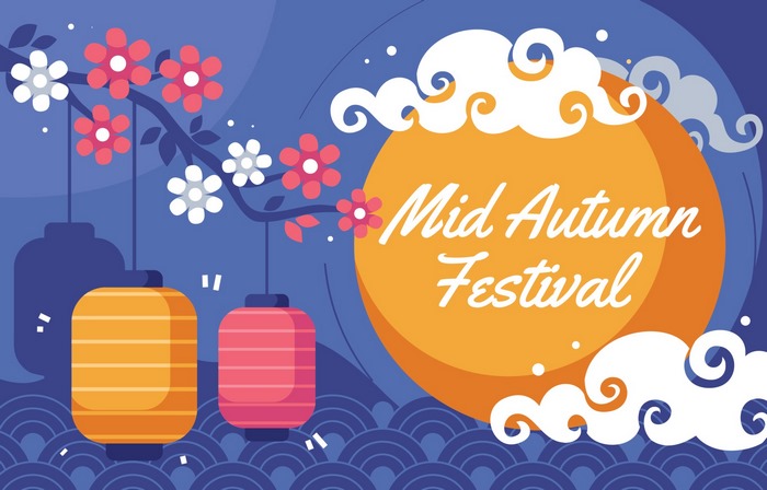Mid-Autumn Festival Moon with Lanterns and Flowers