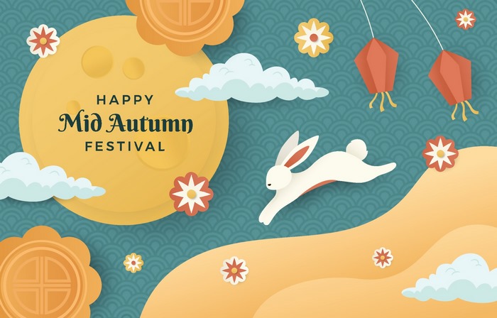 Happy Mid-Autumn Festival with Moon, Rabbit, and Lanterns