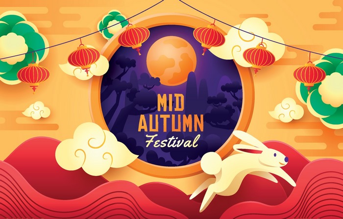 Mid-Autumn Festival with Moon, Rabbit, and Lanterns