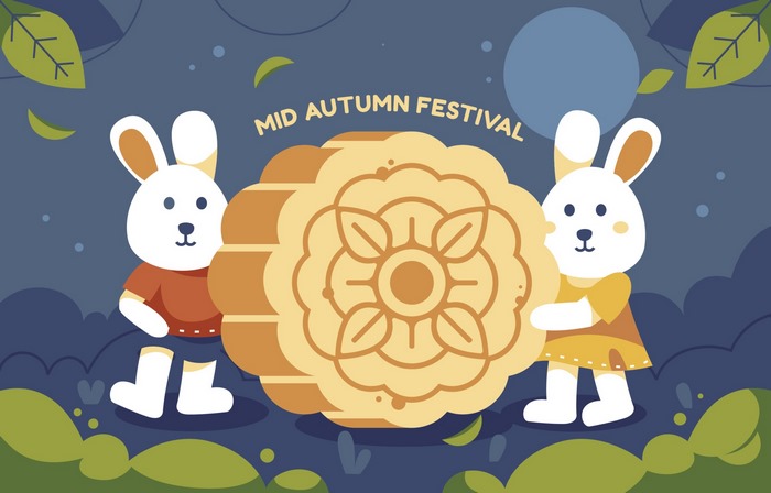 Cute Rabbits Celebrating Mid-Autumn Festival with Mooncake