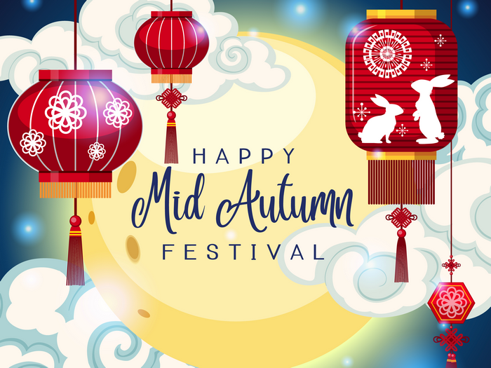 Happy Mid Autumn Festival with Lanterns and Moon