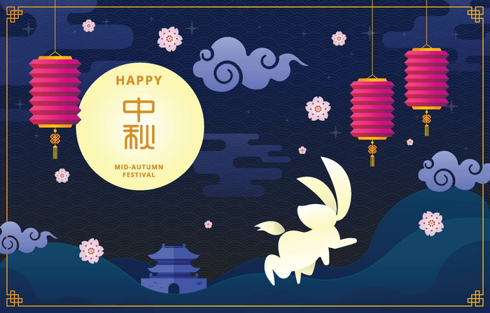Happy Mid-Autumn Festival Moon, Rabbit, and Lanterns