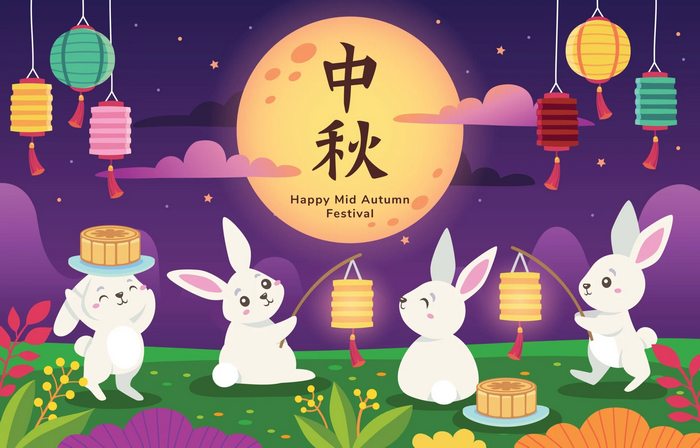 Cute Rabbits Celebrate Mid-Autumn Moon Festival with Lanterns and Mooncakes