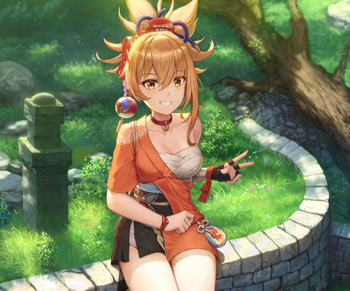 Cheerful Yoimiya (Genshin Impact) in a lush green setting