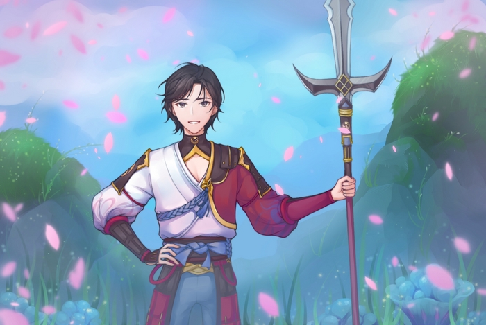 Genshin Impact Teppei smiling with polearm and pink petals