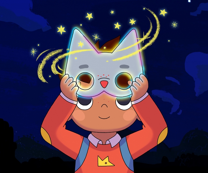 Wolfboy wearing a magical cat mask at night