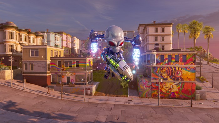 Destroy All Humans! 2: Crypto flying over colorful city
