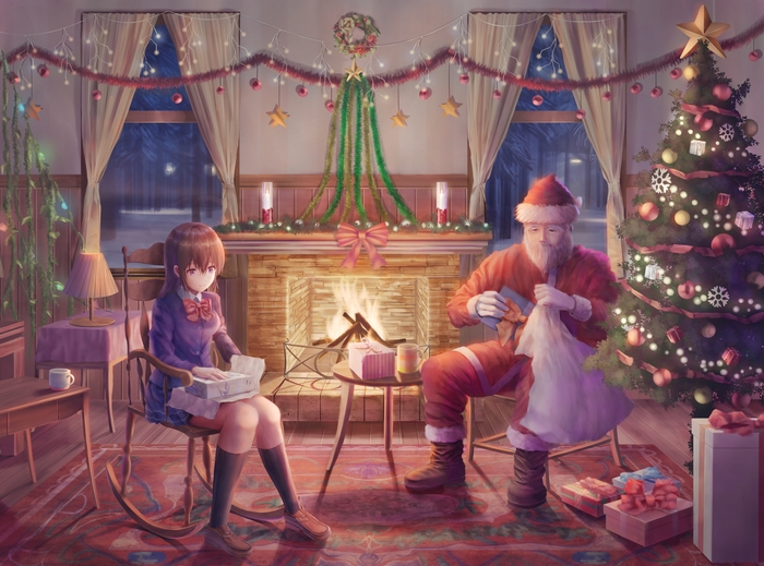 Woman and Santa Claus Opening Christmas Gifts