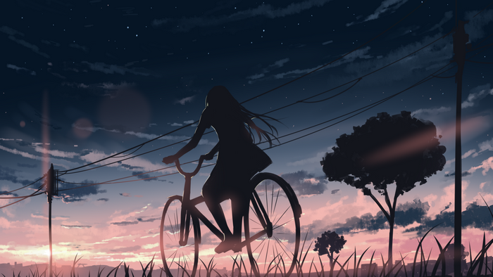 Girl riding bike silhouette at sunset