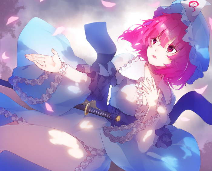 Yuyuko Saigyouji with Sword and Falling Petals