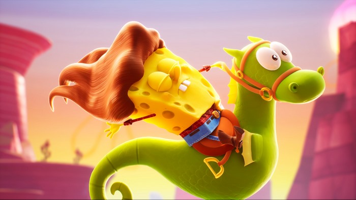 SpongeBob SquarePants riding a green fantasy creature