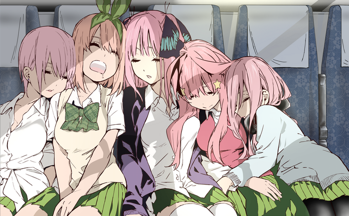 The Quintessential Quintuplets sleeping on a train