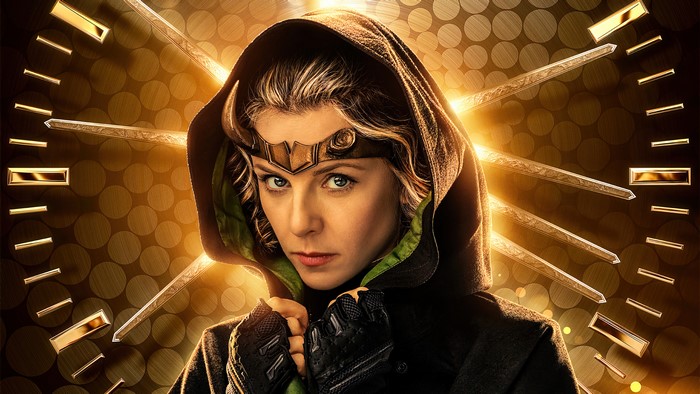 Sylvie Laufeydottir in Hooded Costume with Golden Clock Background
