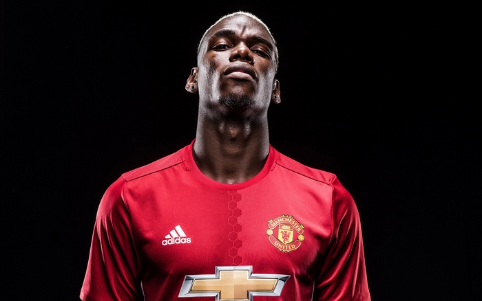 Paul Pogba serious portrait in Manchester United F.C. kit