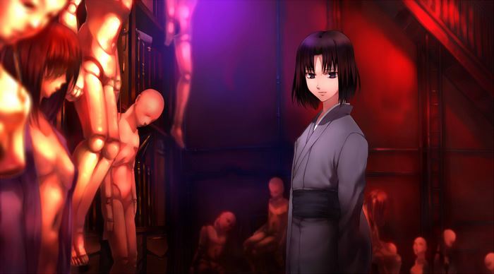 Shiki Ryougi in eerie room with mannequins