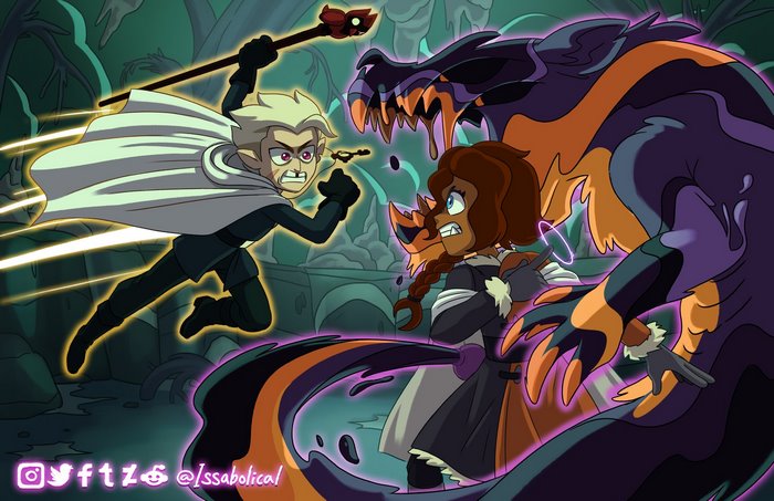 The Owl House: Hunter and a girl fight a dark monster
