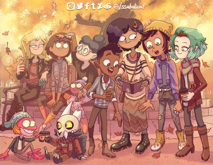 Amphibia characters and friends enjoying autumn park day