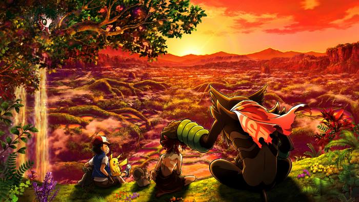 Ash Ketchum and Pikachu in Pokémon: Secrets of the Jungle sunset