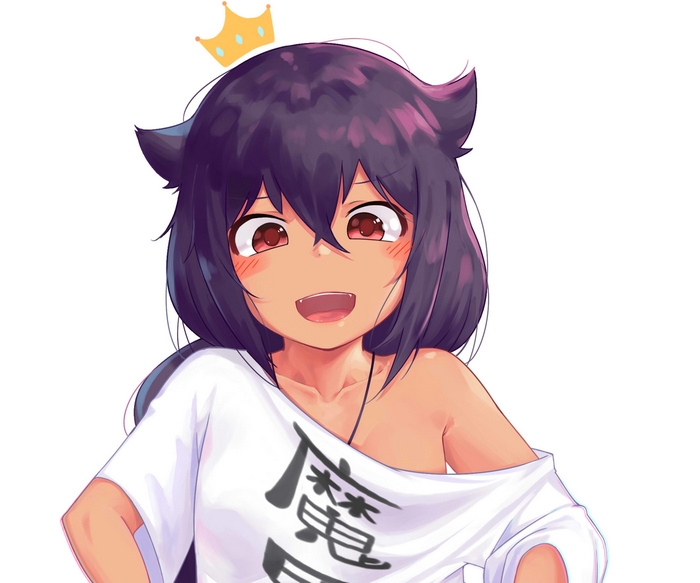 Jahy smiling with a crown and off-shoulder shirt