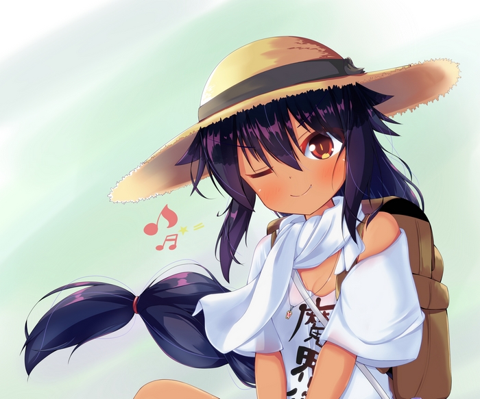 Jahy winking in straw hat with musical notes