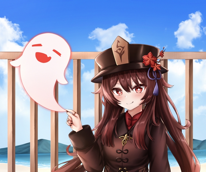 Hu Tao smiling with her ghost at the beach