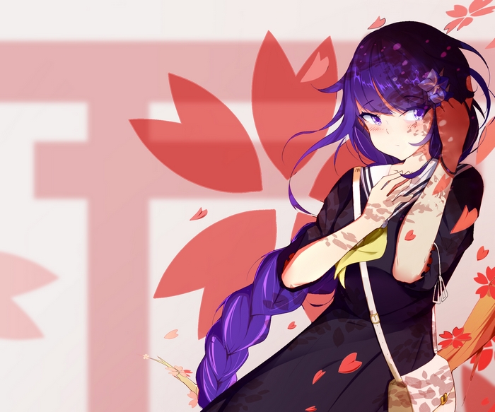 Baal Raiden Shogun with vitiligo under sakura petals