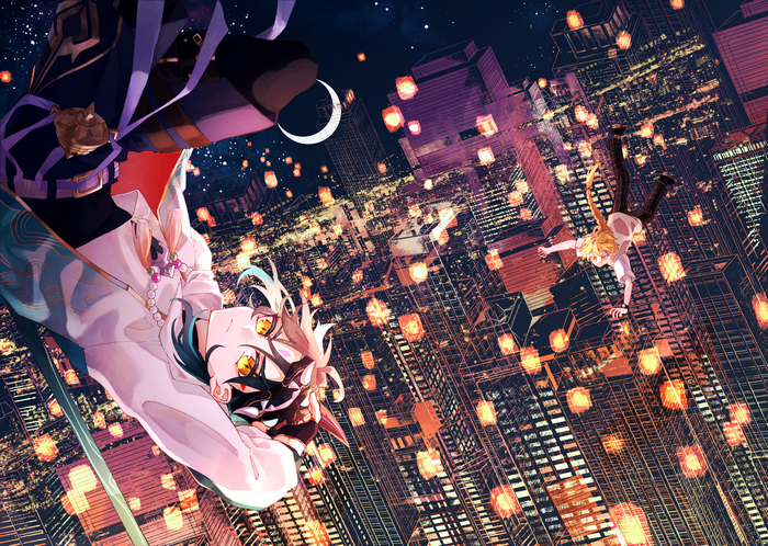 Genshin Impact Xiao and Aether over night city