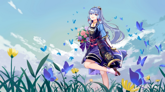 Happy Kamisato Ayaka with flowers and blue butterflies
