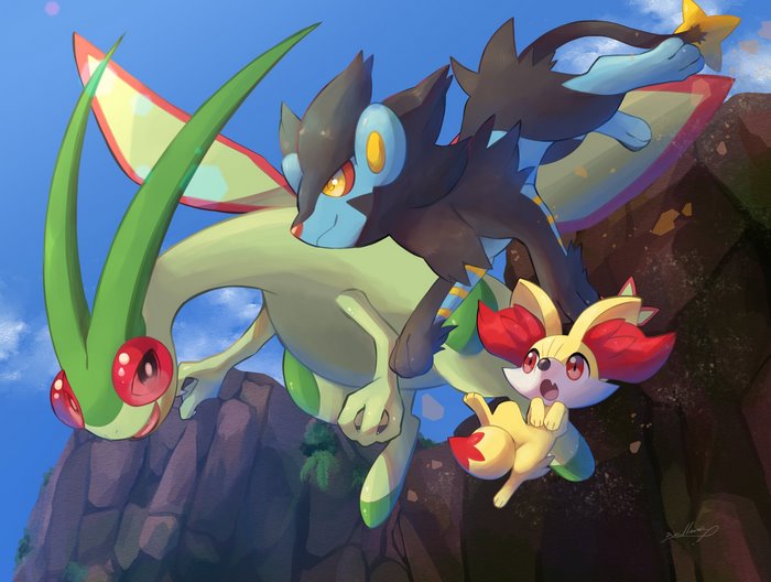Flygon, Luxray, and Fennekin Flying Adventure